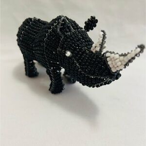 Handmade Beaded Black Rhinoceros Figurine with White Horns
